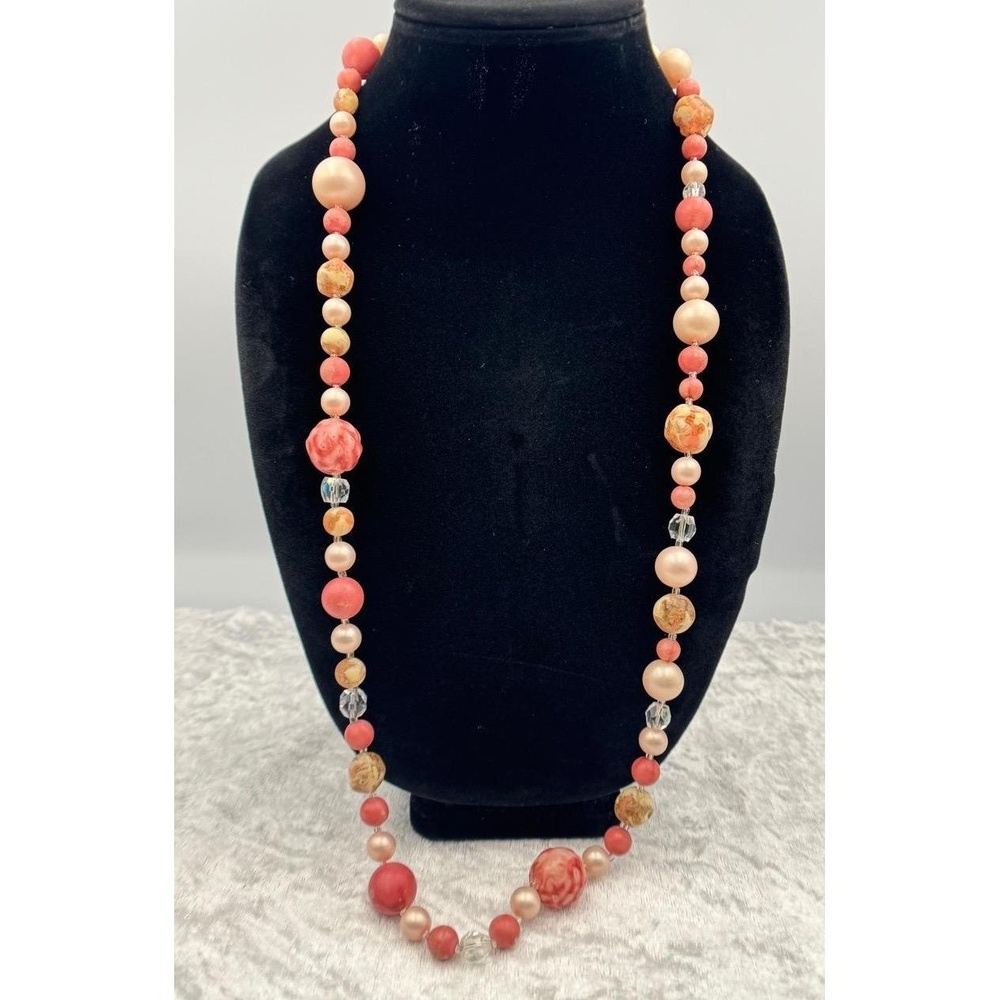 Vintage Bold Pink Mauve Faux Pearl Necklace‎ 24” Beaded Single Strand AB Crystal